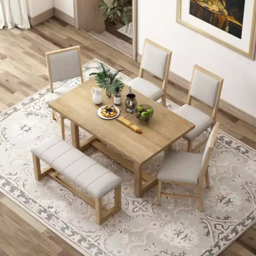 Ensemble de salle à manger rétro 6 pièces, 1 table rectangulaire avec piètement tréteau design, 4 chaises rembourrées et 1 banc pour salle à manger et cuisine