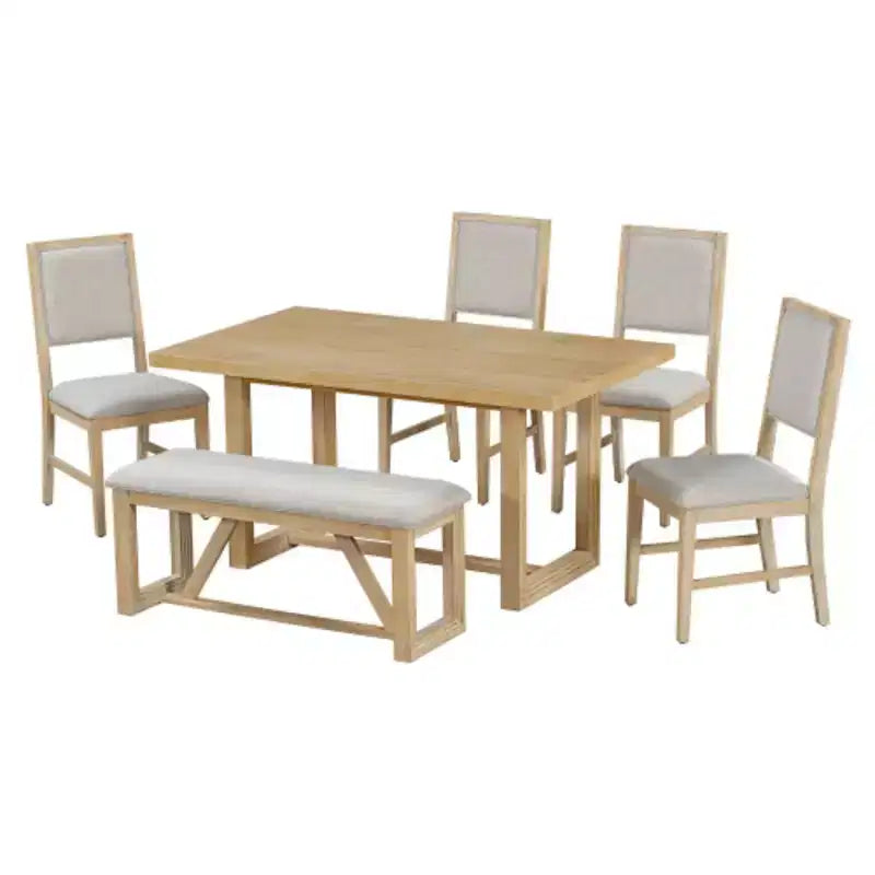 Ensemble de salle à manger rétro 6 pièces, 1 table rectangulaire avec piètement tréteau design, 4 chaises rembourrées et 1 banc pour salle à manger et cuisine