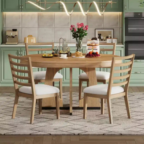 5-Piece Retro Rustic Dining Ensemble, Unique Geometric Table with 16-inch Extension Leaf and 4 Cushioned Chairs