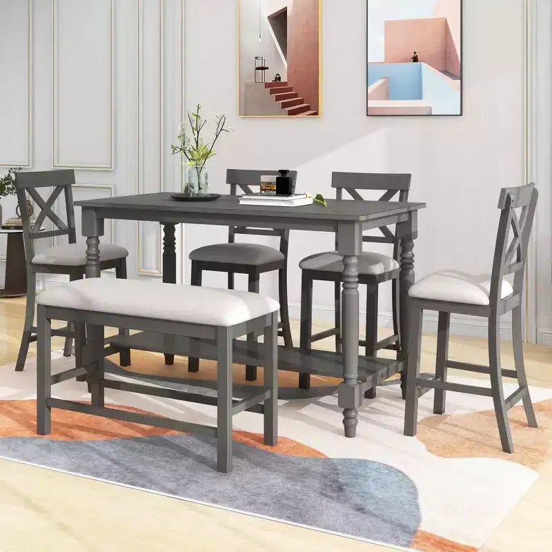 Ensemble de salle à manger hauteur comptoir style ferme pour 6 personnes, table rectangulaire avec étagère, 4 chaises et un banc