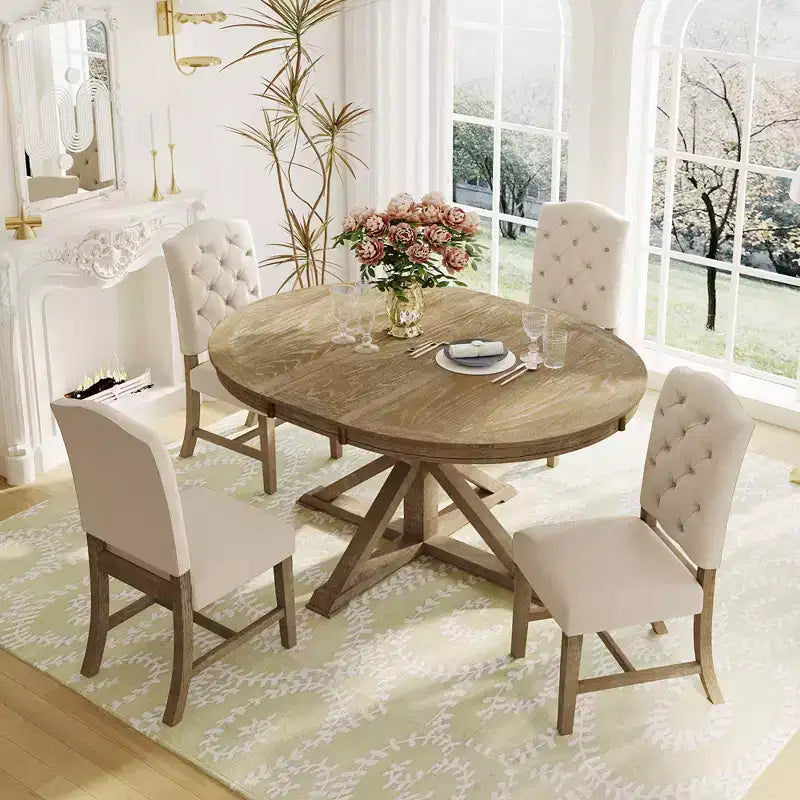 Ensemble de salle à manger extensible pour 4 personnes, table ronde en bois avec 4 chaises rembourrées pour la cuisine