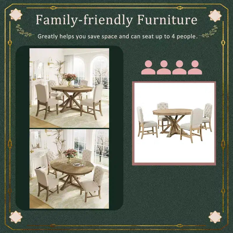 Ensemble de salle à manger extensible pour 4 personnes, table ronde en bois avec 4 chaises rembourrées pour la cuisine