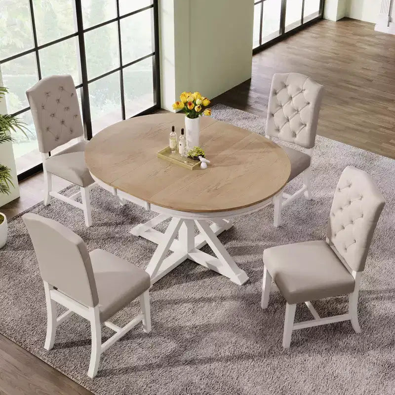 Ensemble de salle à manger extensible pour 4 personnes, table ronde en bois avec 4 chaises rembourrées pour la cuisine