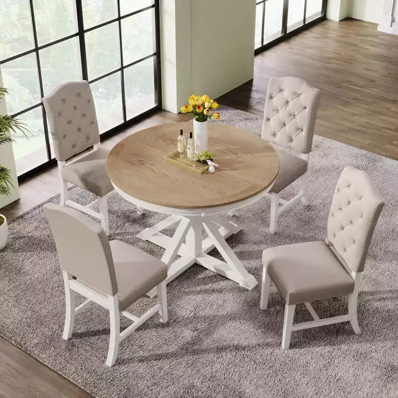 Ensemble de salle à manger extensible pour 4 personnes, table ronde en bois avec 4 chaises rembourrées pour la cuisine