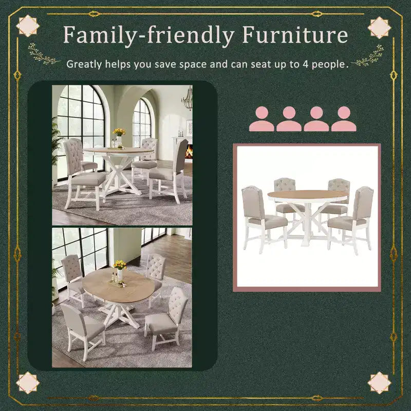 Ensemble de salle à manger extensible pour 4 personnes, table ronde en bois avec 4 chaises rembourrées pour la cuisine