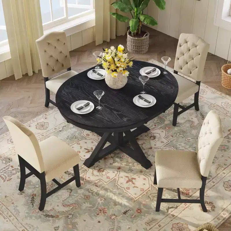 Ensemble de salle à manger extensible pour 4 personnes, table ronde en bois avec 4 chaises rembourrées pour la cuisine