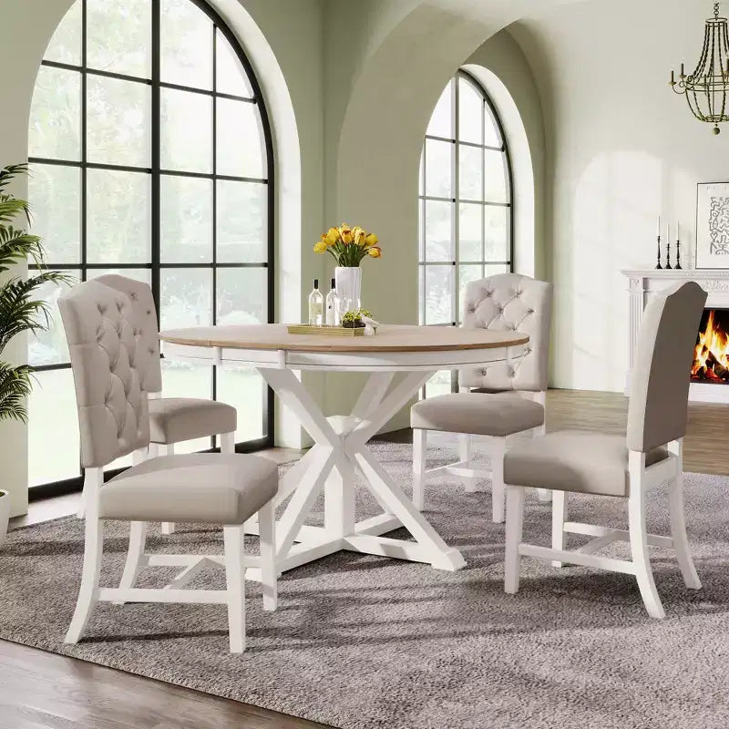 Ensemble de salle à manger extensible pour 4 personnes, table ronde en bois avec 4 chaises rembourrées pour la cuisine