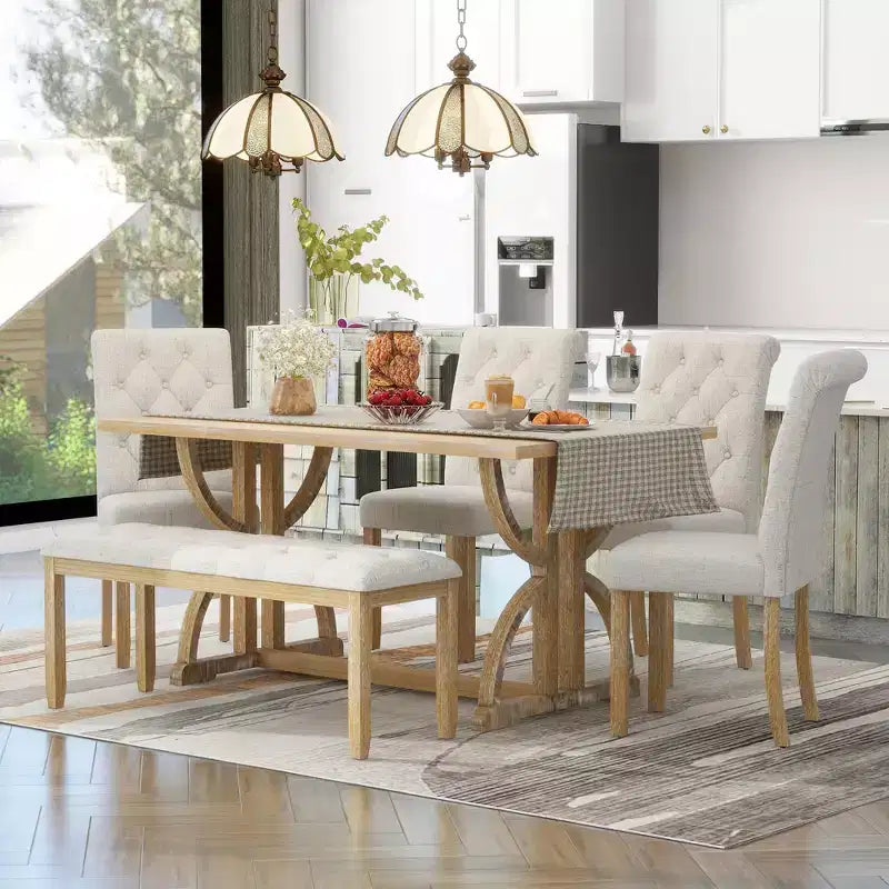 Ensemble de salle à manger de ferme pour 4 personnes, table de cuisine rectangulaire avec 4 chaises rembourrées et un banc