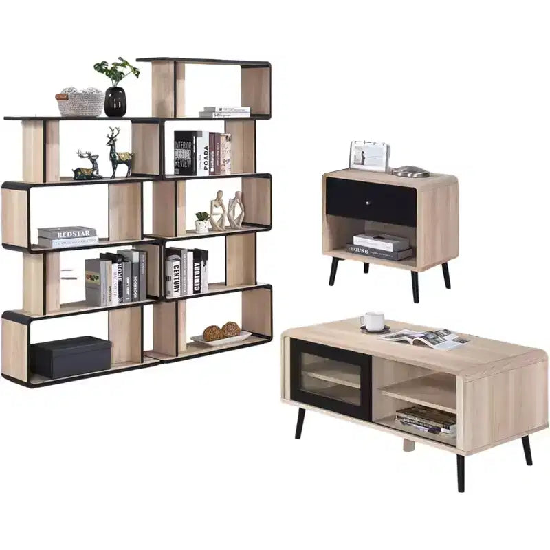Ensemble de salon 4 pièces Kings Brand Furniture Nathan avec bibliothèques, table basse et table d'appoint, chêne/noir