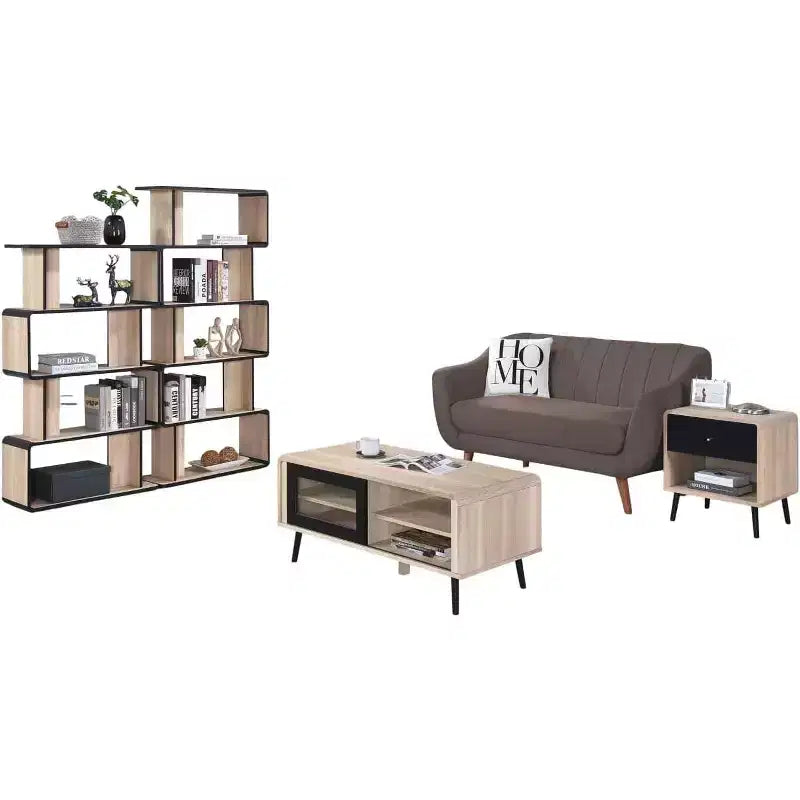 Ensemble de salon 4 pièces Kings Brand Furniture Nathan avec bibliothèques, table basse et table d'appoint, chêne/noir
