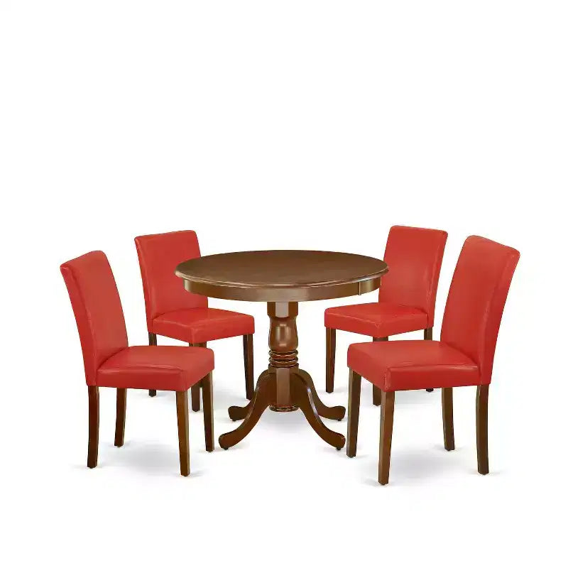 HomeStock 5-Pc Round Mahogany Finish Solid Wood Top Dining Table with 4 Parson Chair