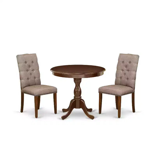 3-Piece Mahogany Finish Solid Wood Top Button Tufted Upholstered Dining Room Set (Seats-4)