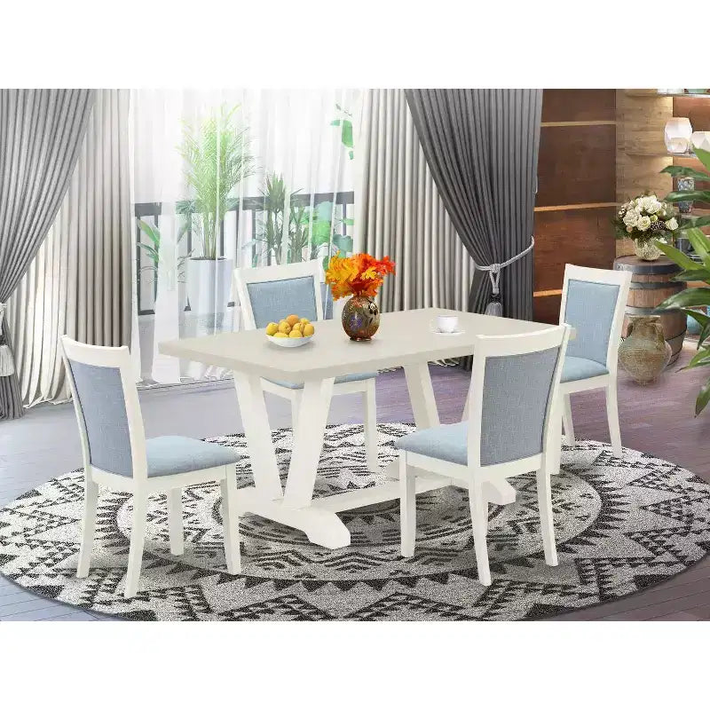 HomeStock Table à manger 5 pièces avec plateau en bois massif finition blanc lin brossé et 4 chaises rembourrées