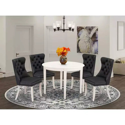 Ensemble de salle à manger 5 pièces en bois massif blanc cassé - Table ronde rembourrée - (4 places)