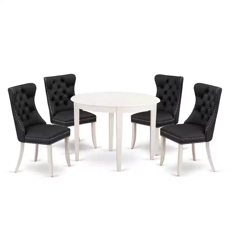 Ensemble de salle à manger 5 pièces en bois massif blanc cassé - Table ronde rembourrée - (4 places)