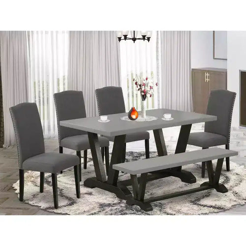 Table à manger 6 pièces avec plateau en bois massif finition chêne naturel, 1 banc et 4 chaises avec