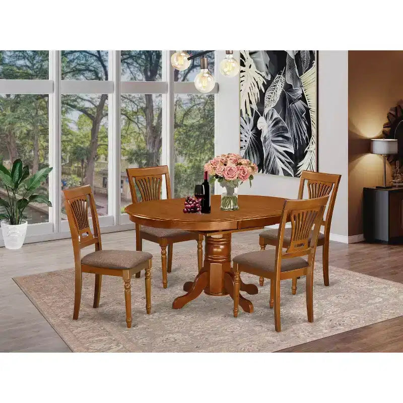 Ensemble de salle à manger ovale 5 pièces avec plateau en bois massif finition marron selle et 4 chaises avec