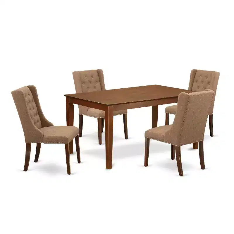 5-Piece Mahogany Finish Solid Wood Top - Rectangular Button Tufted Dining Room Set - Seats 4