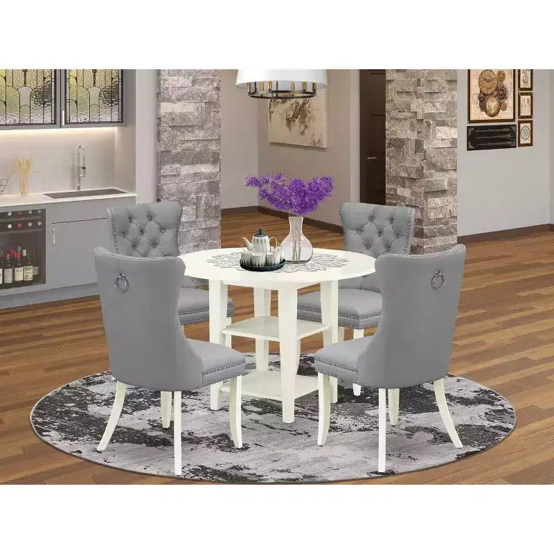Ensemble de salle à manger rond 5 pièces en bois massif finition blanc lin – Pour 4 personnes