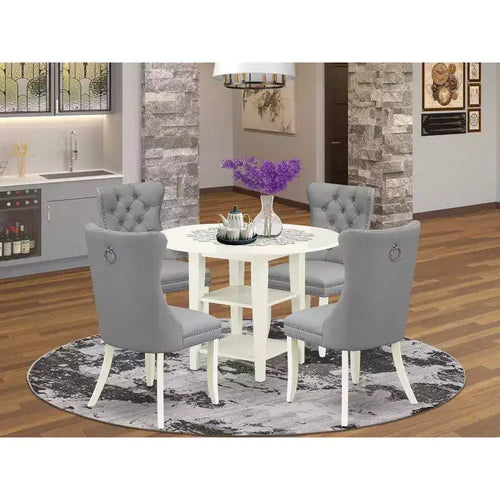Ensemble de salle à manger rond 5 pièces en bois massif finition blanc lin – Pour 4 personnes