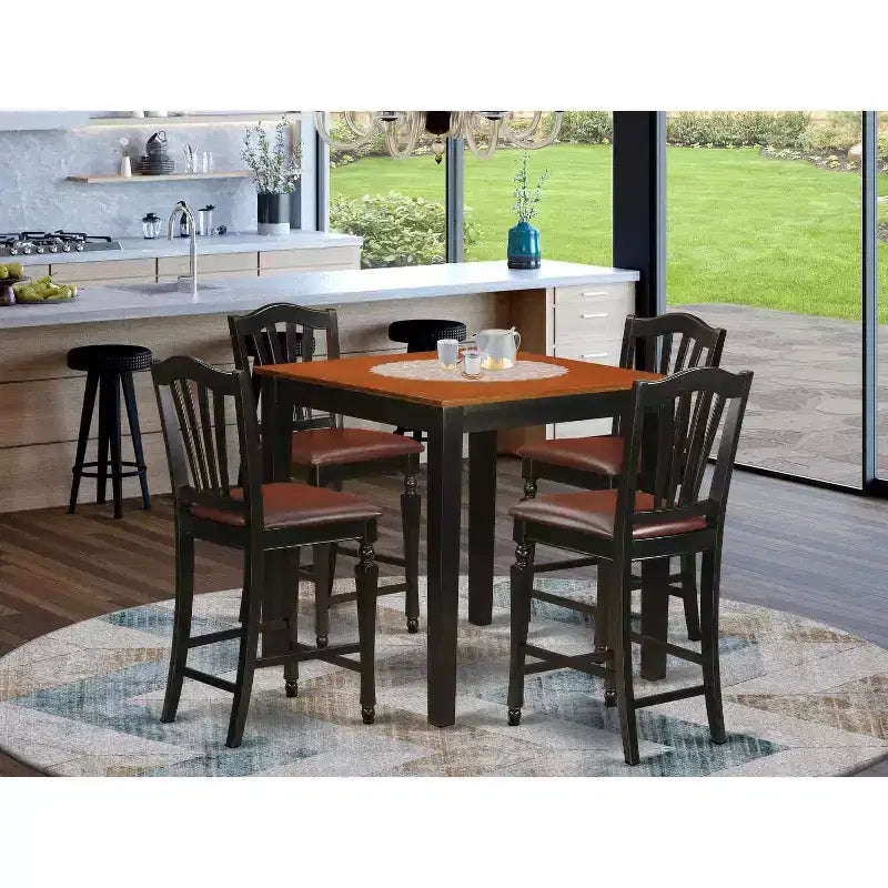 Ensemble de salle à manger hauteur comptoir - 5 pièces table et chaises - Ensemble de cuisine - Design moderne - Finition noire et cerise