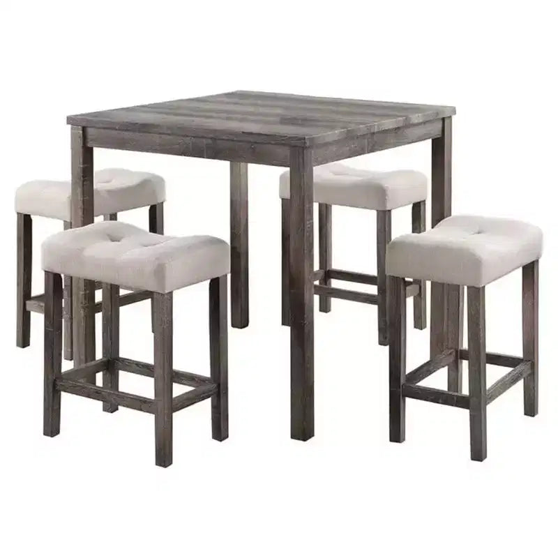 Ensemble de table de hauteur comptoir 5 pièces Royal Hampton avec 4 tabourets, tissu beige, bois gris