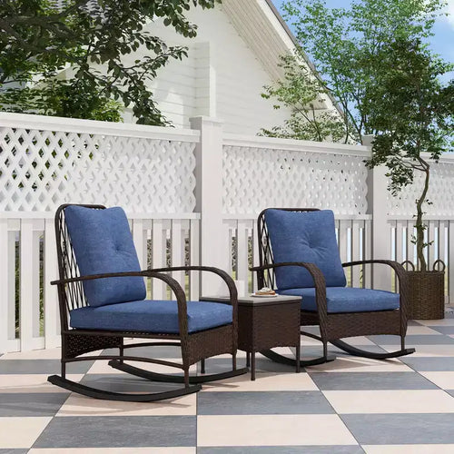Ensemble de mobilier de patio en osier 3 pièces, chaises à bascule en rotin PE d'extérieur avec table basse, coussins pour véranda