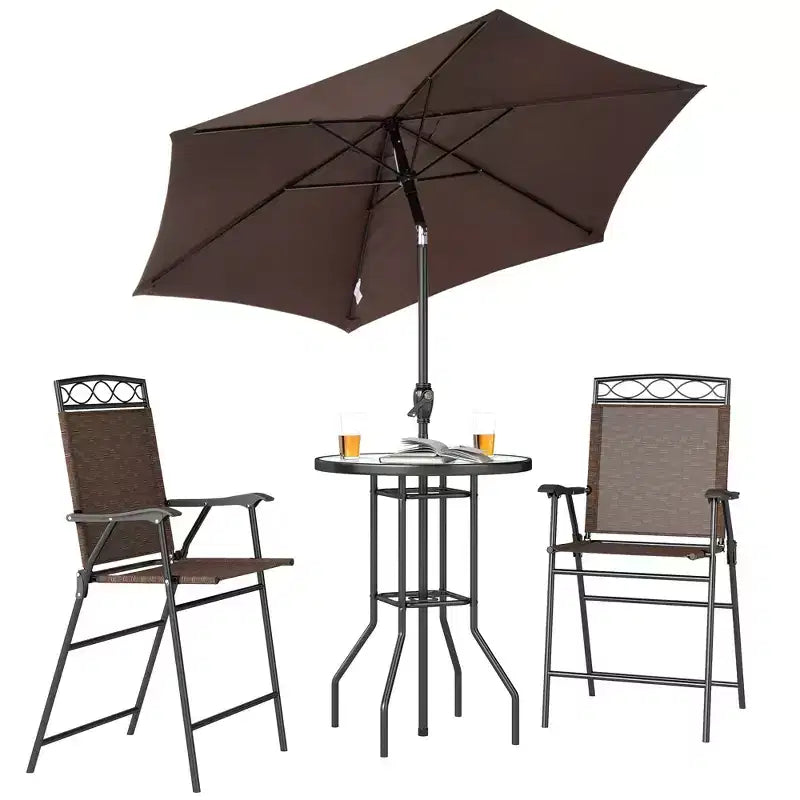 Ensemble de bar d'extérieur 4 pièces avec parasol, salon de jardin avec 2 chaises pliantes, table en verre trempé à texture ondulée pour jardin, terrasse, bord de piscine