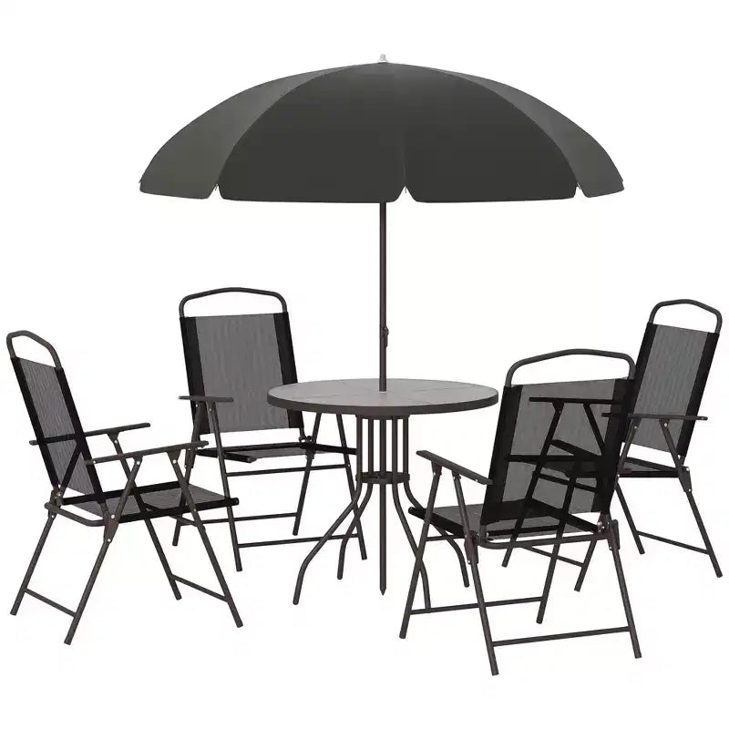 Ensemble de salle à manger de patio 6 pièces pour 4 avec parasol, table et chaises d'extérieur avec 4 chaises pliantes et table ronde en verre