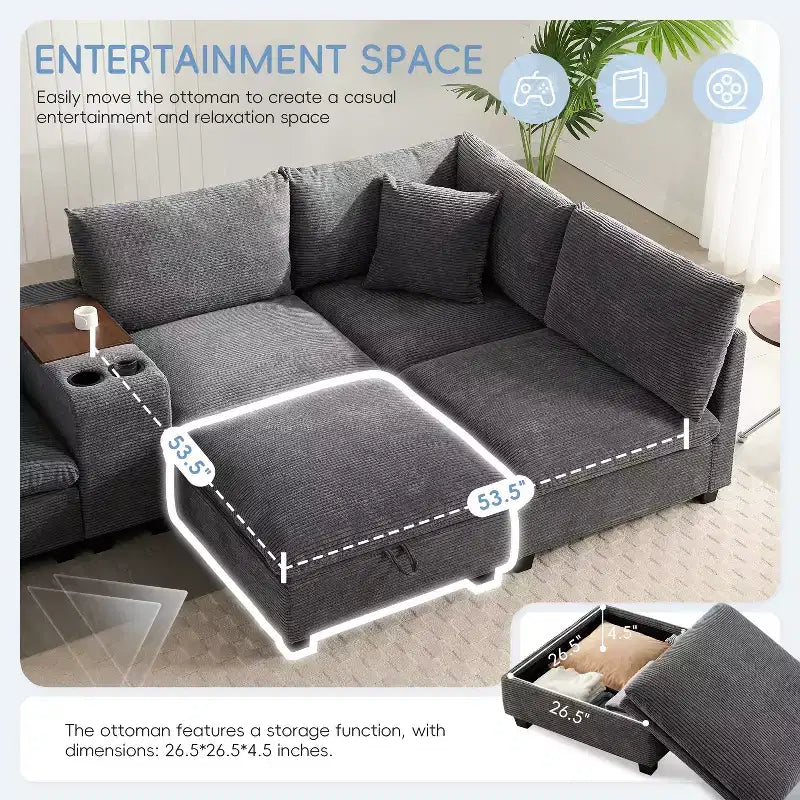 GDFStudio Logan, canapé d'angle modulaire en velours côtelé moderne 140 avec pouf de rangement mobile, console et chargement USB