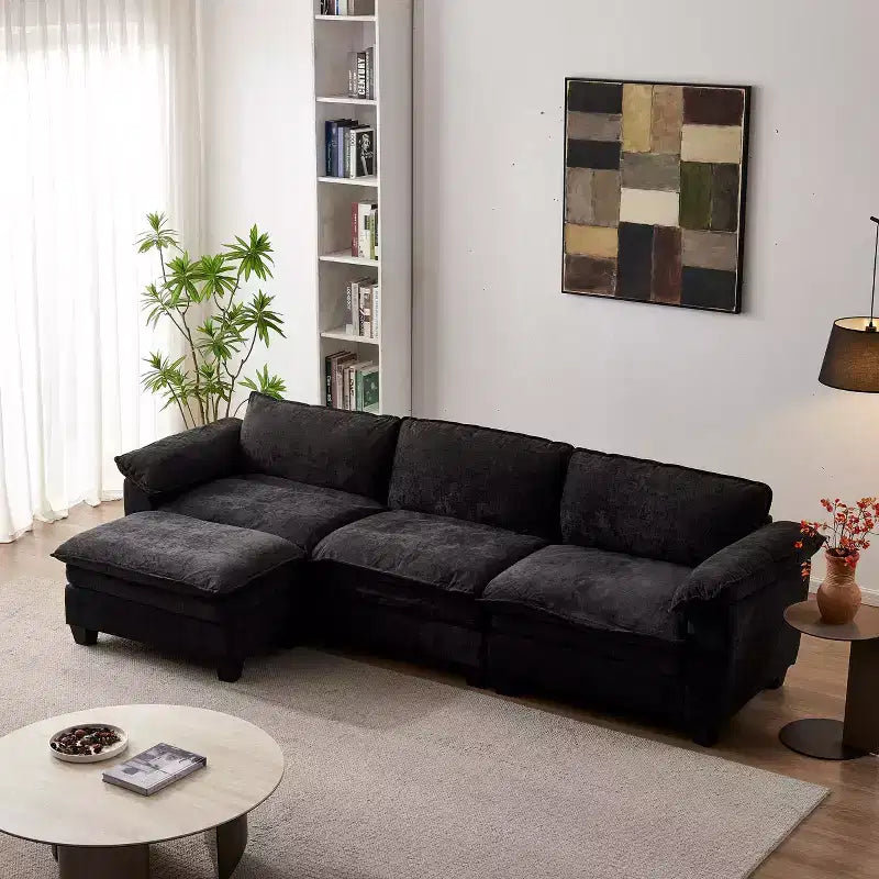 GDFStudio Hui 120.1 Canapé d'angle sectionnel moderne 3 places en chenille avec pouf