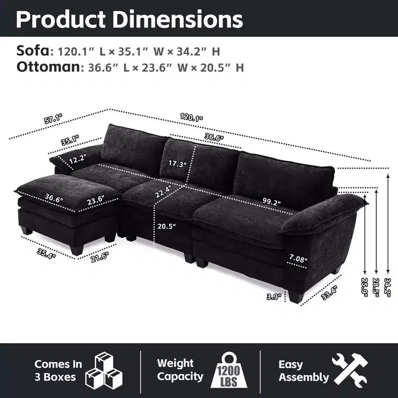 GDFStudio Hui 120.1 Canapé d'angle sectionnel moderne 3 places en chenille avec pouf