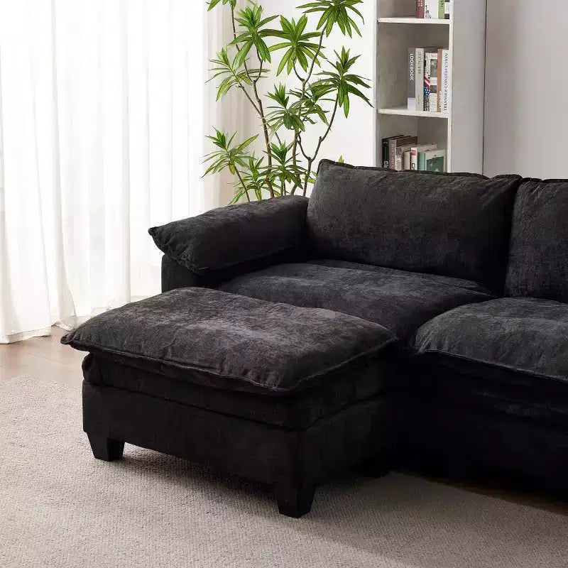 GDFStudio Hui 120.1 Canapé d'angle sectionnel moderne 3 places en chenille avec pouf