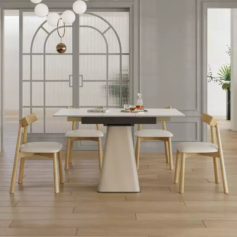 Ensemble de salle à manger extensible GDFStudio Lin 5 pièces en cuir, avec 4 chaises, plateau en pierre frittée et base en acier