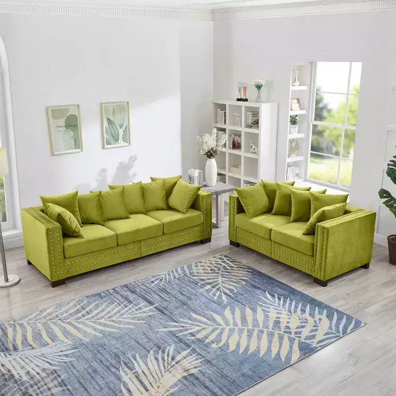 MAYEERTY Modern Sectional Sofas 2+3 Seater Square Armrest with Silver Nails Decor Upholsteres Velvet Couch for Living Room Green