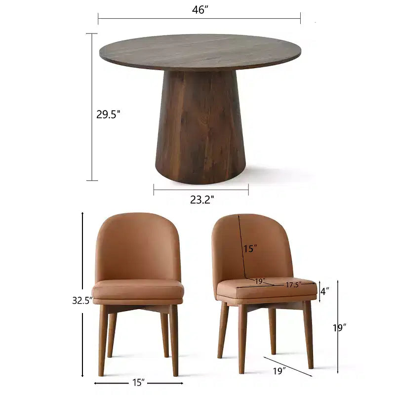 Ensemble de salle à manger rond 5 pièces, table piédestal de 46 po ton noyer et chaises de salle à manger en similicuir marron avec pieds en bois massif pour salle à manger-Panipeachy