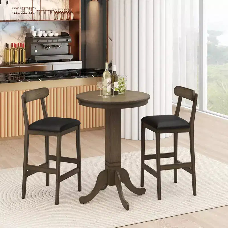 Costway Ensemble de Table de Bar 3 Pièces en Bois avec Base Colonne, 2 Tabourets sans Accoudoirs, Siège Rembourré, Dossier