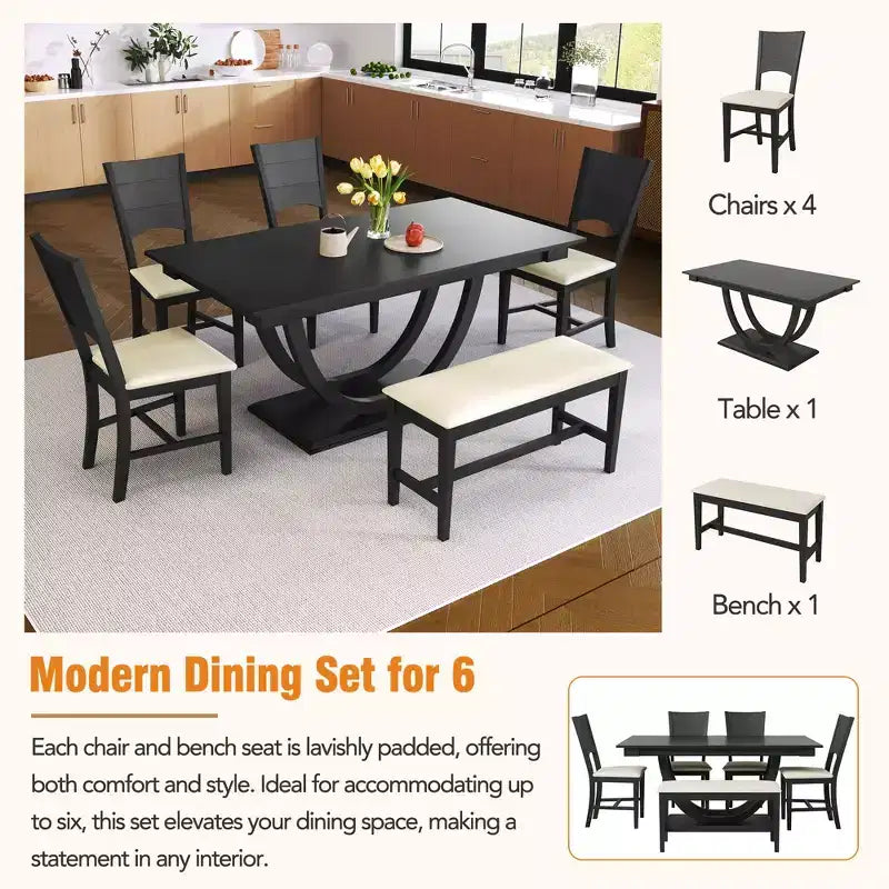 Ensemble de salle à manger 6 pièces pour 6 personnes, ensemble de table de cuisine familiale avec chaises de salle à manger et banc rembourrés ergonomiques - ModernLuxe