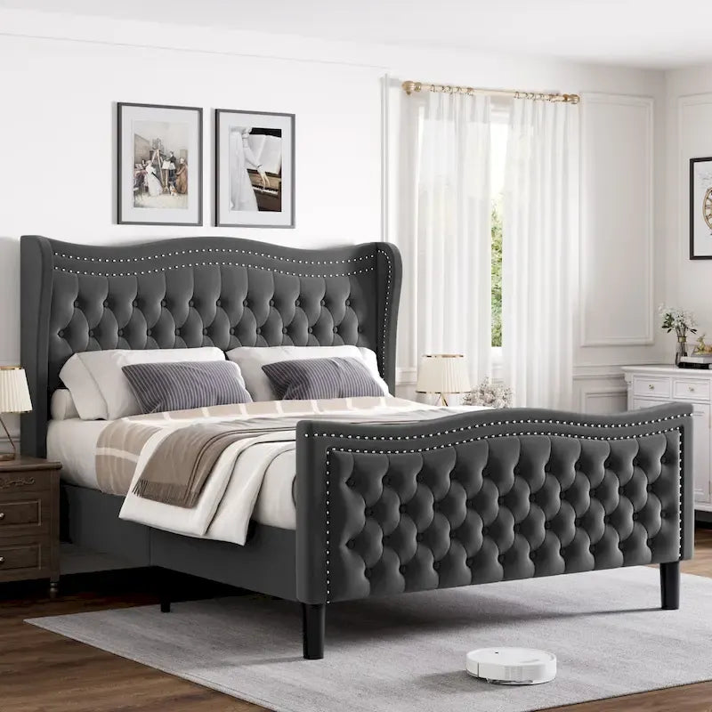 King Size Modern Style Velvet Platform Bed with Upholstered Headboard for Bedroom