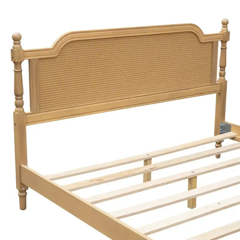 Traditional Style Platform Bed with Rattan Headboard and Footboard for Bedroom