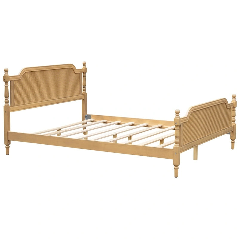 Traditional Style Platform Bed with Rattan Headboard and Footboard for Bedroom