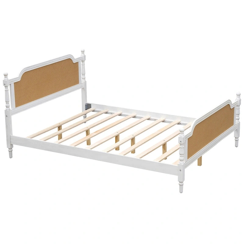 Traditional Style Platform Bed with Rattan Headboard and Footboard for Bedroom