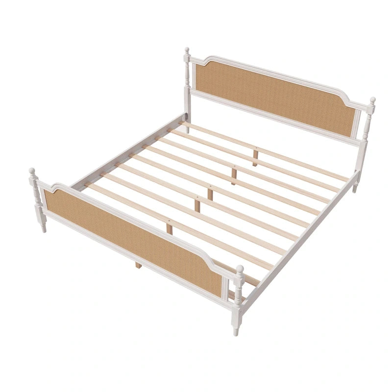 Traditional Style Platform Bed with Rattan Headboard and Footboard for Bedroom
