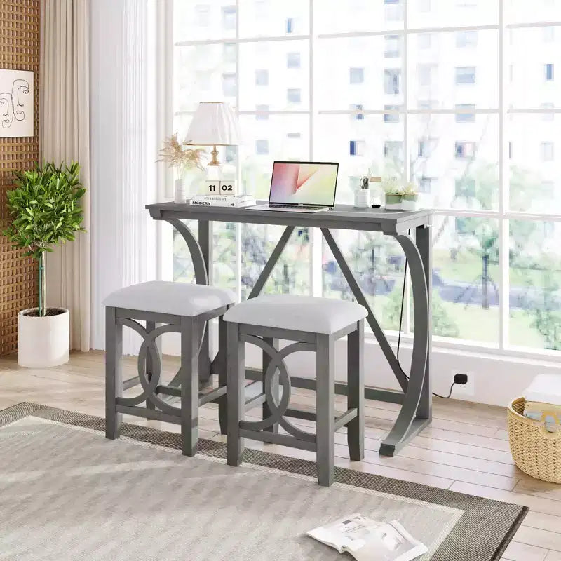 Ensemble de salle à manger 3 pièces à hauteur de comptoir de style ferme avec port USB et tabourets rembourrés - ModernLuxe