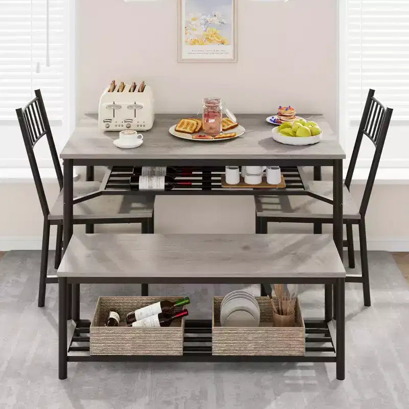 Ensemble table de salle à manger pour 4, Table de cuisine rectangulaire en bois avec 2 chaises et banc, Table de salle à manger avec casier à vin pour petit espace, appartement, maison