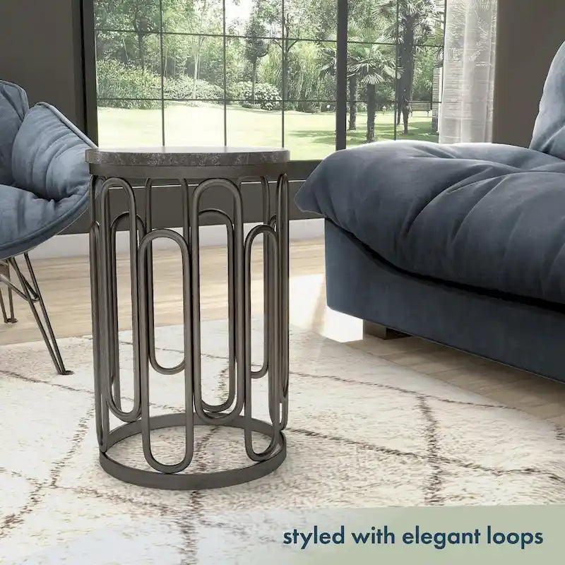 Petite table d'appoint ronde avec plateau en marbre et base décorative en métal robuste