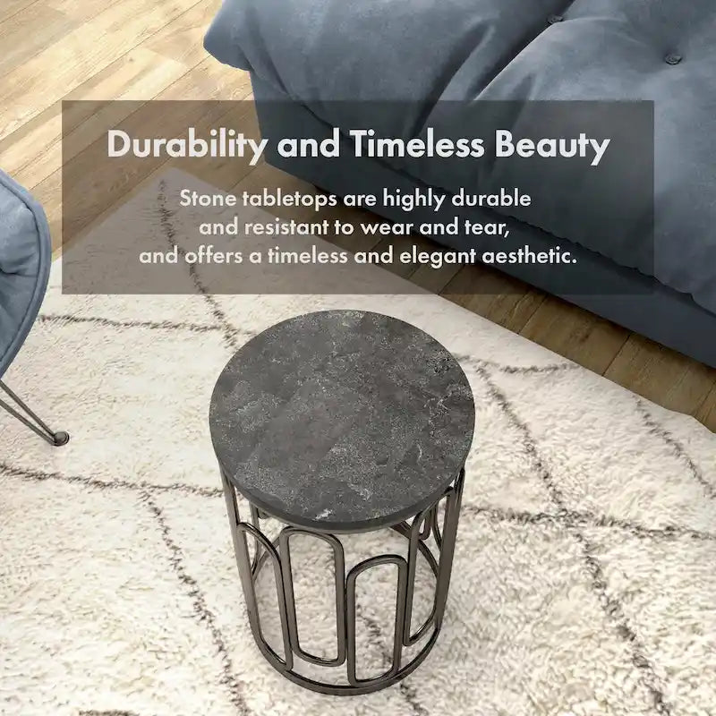 Petite table d'appoint ronde avec plateau en marbre et base décorative en métal robuste
