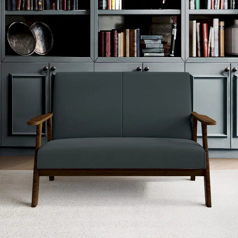 Wenge Wood Mid-Century Modern Linen Loveseat