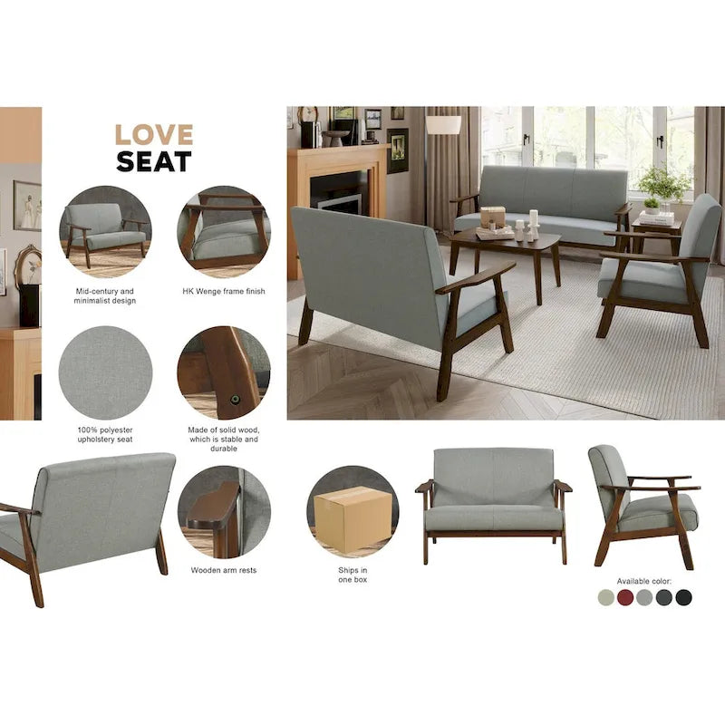 Wenge Wood Mid-Century Modern Linen Loveseat