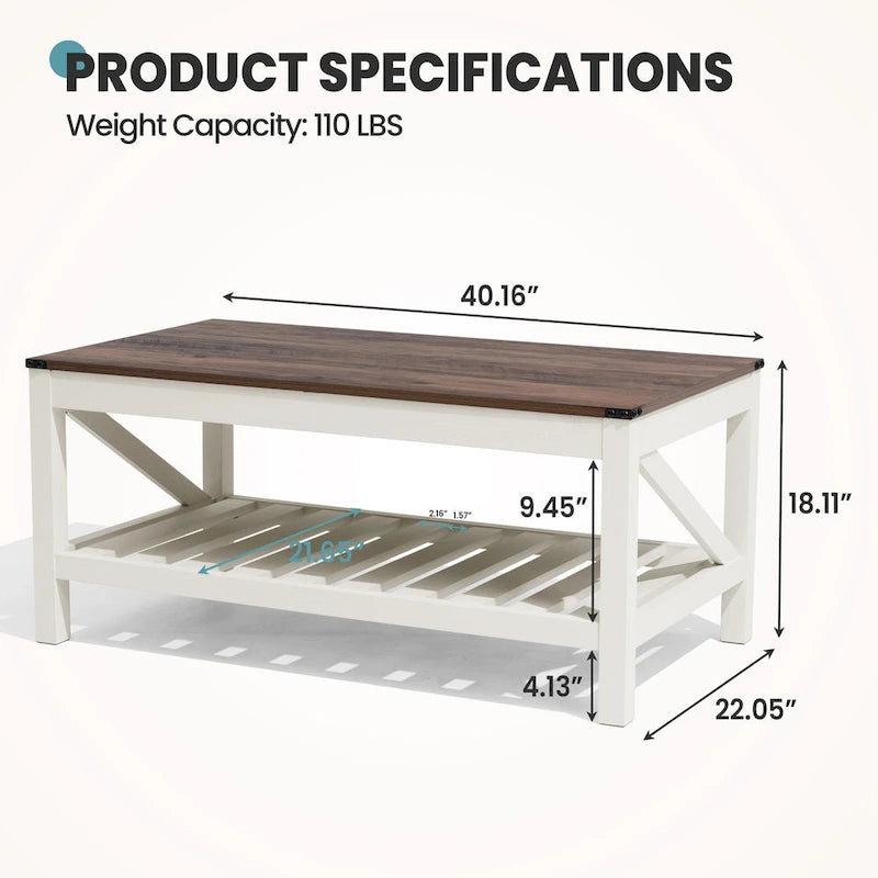Living Room Coffee Table with Storage Shelf, Sofa Center Table - 40.16 W x 22.05 D x 18.11 H